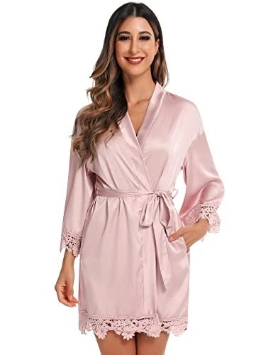 Womens Kimono Robes Dressing Gown Satin Bathrobe Slik Wedding Robes for Bridal/Bridesmaid Party Nightgown Morning Robe Pink Small