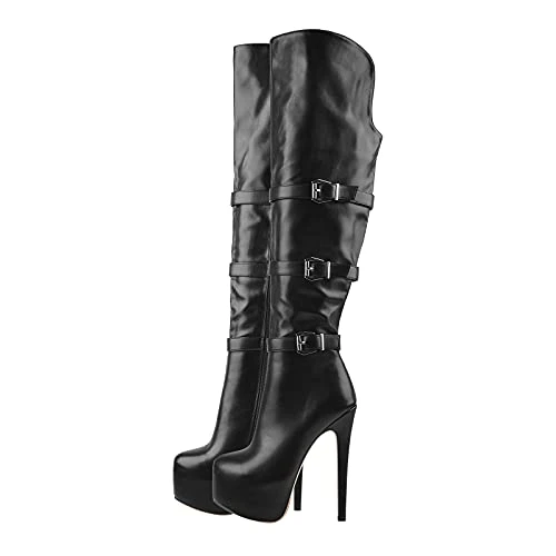 Women's Knee High Boots Platform Stiletto High Heel Booties with Zipper Round Toe Buckle Strappy Zip