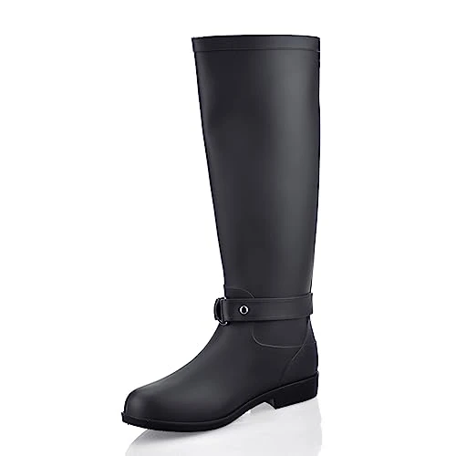 Womens Knee High Zip Up Waterproof Wellies Rubber Riding Biker Boots Shoes Size[UK6 /EU39, Black]