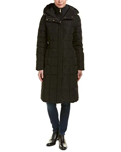 Women's Knee Length Hooded Quilted Down Coat Down Alternative Outerwear, Deep Black, S