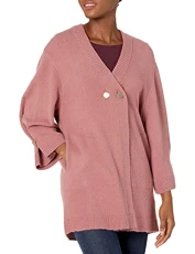 Women's Knee Lenth Cardigan, Double Breasted, 2 Metallic Buttons Sweater, Pink, XL Women's Knee Lenth Cardigan, Double Breasted, 2 Metallic Buttons Sweater, Pink, XL