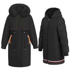 Womens Knee Long Parka Coat Winter Warm Cotton Padded Jacket with Removable Fur Hood & Lining Black SN071183 XXL