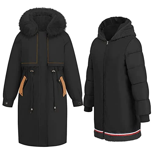 Womens Knee Long Parka Coat Winter Warm Cotton Padded Jacket with Removable Fur Hood & Lining Black SN071183 XXL