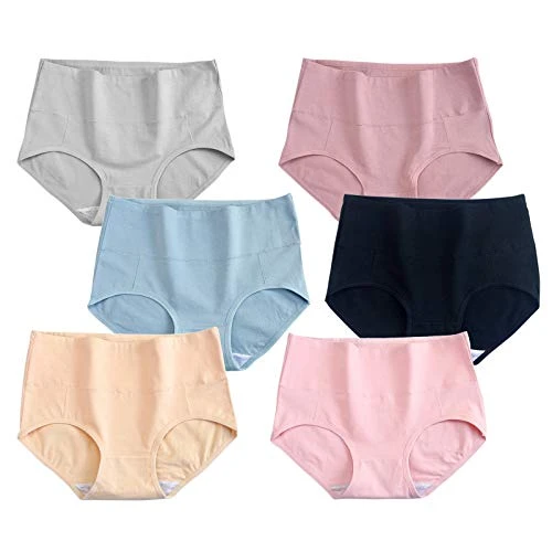 Women's Knickers Cotton High Waist Underwear Full Coverage Soft Comfortable Panty, Multipack 6 Candy Multicolor and Dark L