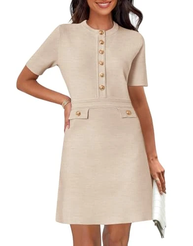 Women's Knit Bodycon Sweater Dress Button Short Sleeve Crew Neck Elegant Formal Mini Dress, Oatmeal, M