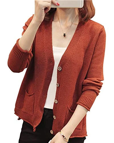 Womens Knit Cardigan Coat V Neck Long Sleeve Button Sweater Outwear with Pockets Brown One Size