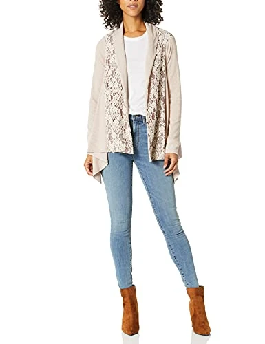 Women's Knit Cardigan with Lace Sweater, Beige, Small