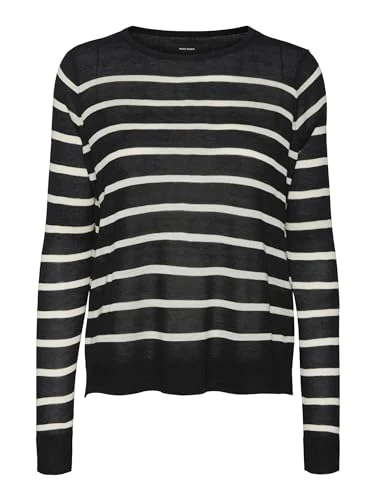 Women's Knit Pullover Round Neck Jumper Stripes Soft Long Sleeve VMNOVA, Colours:Black-2, Size:XXL