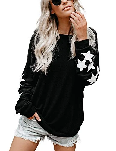 Womens Knit Pullover Sweaters Crewneck Long Sleeve Star Print Lightweight Cute Top - Black - (14 UK) Large