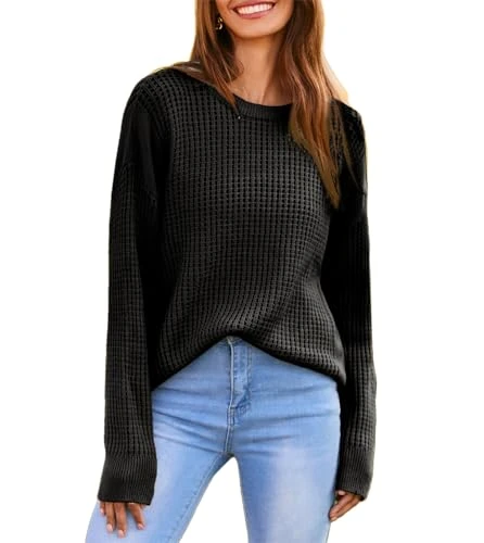 Women's Knit Sweater 2024 Casual Crew Neck Long Sleeve Crochet Fall Pullover Sweater Top Holiday Picnic Black L