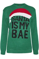 Womens Knitted Chirstmas Xmas Sweater Santa is My Bae Hat Pullover Jumper Green