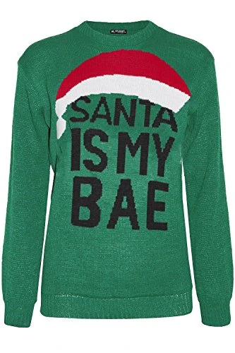Womens Knitted Chirstmas Xmas Sweater Santa is My Bae Hat Pullover Jumper Green