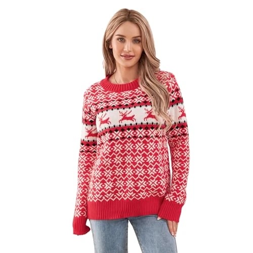 Womens Knitted Christmas Jumper Reindeer Long Sleeve Crew Neck Christmas Tops Knit Sweater Ladies Christmas Day Outfit Winter Knitwear (23112401Red, L)