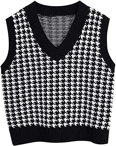 Women's Knitted Cotton V Neck Sleeveless Sweater Vest Knitted Tank Top Casual Pullover Waistcoat Tops (14, Black)