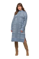 Women's Knitted Dress Stand-up Collar Chequered, lightblue, 24-26