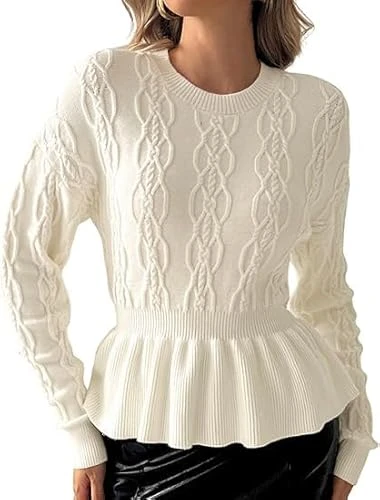 Women's Knitted Jumper Long Sleeve Crew Neck Sweat Shirt Tunic Tops Ruffle Hem Pullover with Cable K