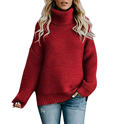 Women's Knitted Jumper Winter Jumper Knitted Tops Knitted Jumper Turtleneck Long Sleeve Casual Chunky Knit Jumper Stretch Pullover Fine Knit Sweater Women's Jumper Long Sleeve Tops Knitted Oversize,