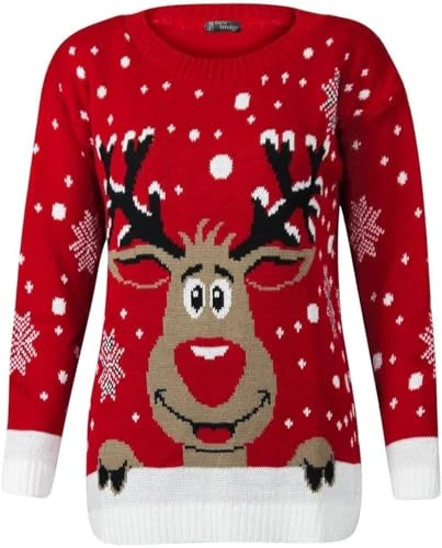 Women's Knitted Merry Christmas Long Sleeve Xmas Tree Ladies Pom Jumper Rudolph Red 12-14