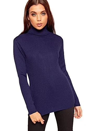 Women's Knitted Polo Jumper Ladies Long Sleeve Ribbed High Roll Neck Top - Navy Blue - 12-14