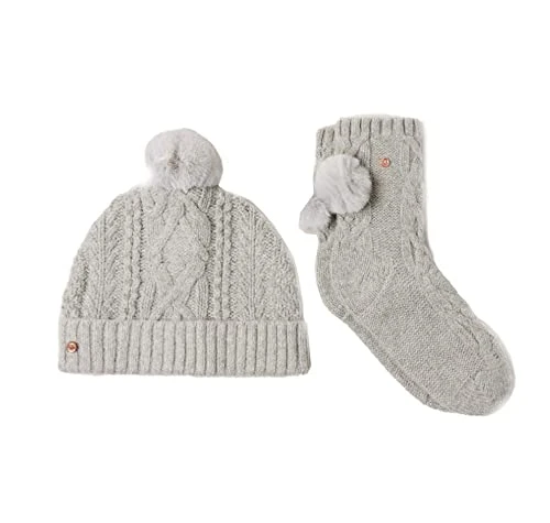 Women's Knitted Pom Pom Hat and Socks Set (Grey)