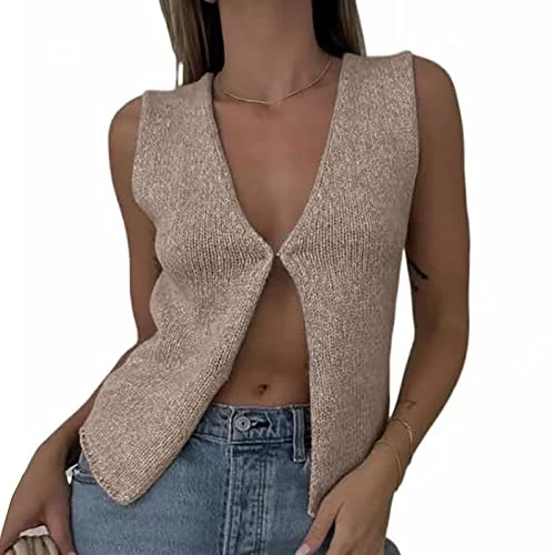 Women'S Knitted Sweater Vest Solid Color Jumpers Jacket Y2K Fashion Preppy Clothes Knitwear Waistcoa