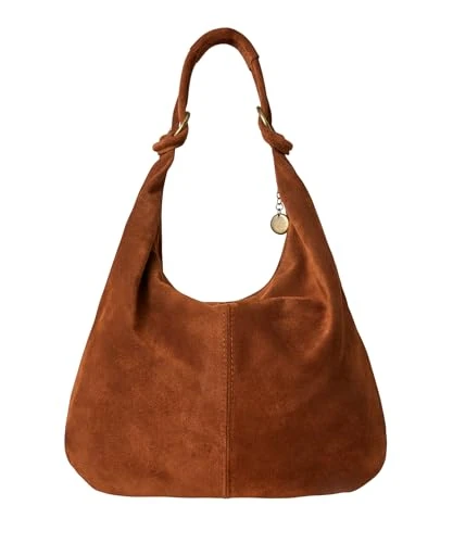 Women's Knotted Italian Suede Hobo Slouch Bag Handbag, Tan