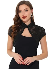 Women's Lace Cardigan Stand Collar Short Elegant Bolero Shrug Black L