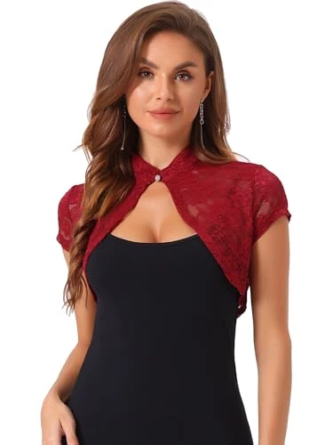 Women's Lace Cardigan Stand Collar Short Elegant Bolero Shrug Dark Red M