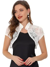 Women's Lace Cardigan Stand Collar Short Elegant Bolero Shrug White S