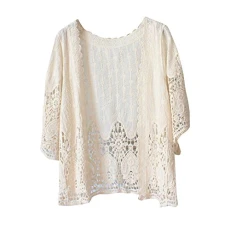 Womens Lace Crochet Floral Cardigan Pool Beach Dress Bikini Cover Up Beige
