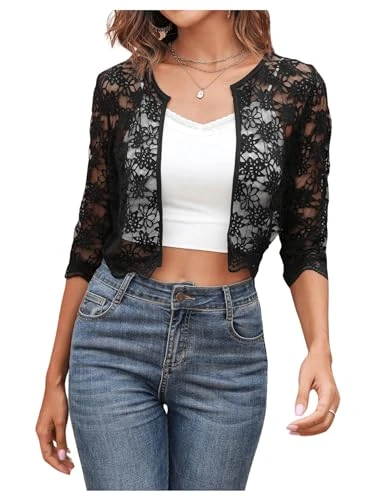 Women's Lace Crop Jacket Sheer Light 3/4 Sleeve Shrug Open Front Summer Evening Vacation Outfit Black L