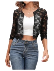 Women's Lace Crop Jacket Sheer Light 3/4 Sleeve Shrug Open Front Summer Evening Vacation Outfit Black L Women's Lace Crop Jacket Sheer Light 3/4 Sleeve Shrug Open Front Summer Evening Vacation Outfit Black L