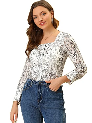 Women's Lace Floral Blouse Square Neck Long Sleeve Button Down Top White S-8