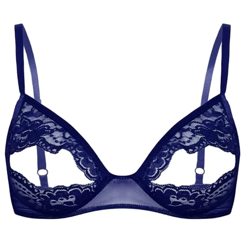 Women's Lace Floral Open Tip Bra Top Triangle Bralette Wire-Free Unlined Brassiere Underwear Navy Blue B XL