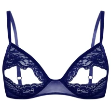 Women's Lace Floral Open Tip Bra Top Triangle Bralette Wire-Free Unlined Brassiere Underwear Navy Blue B XL