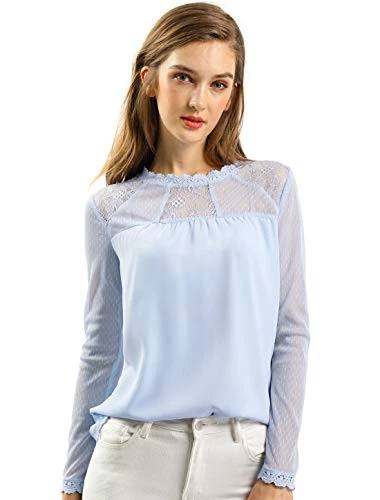 Women's Lace Floral Panel Long Sleeves Peasant Blouse Crew Neck Chiffon Top Shirt Light Blue S-8