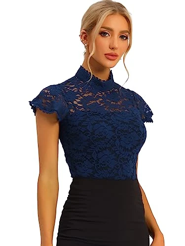 Women's Lace Keyhole Back Top Short Sleeve Stand Collar Semi Sheer Blouse Navy Blue L