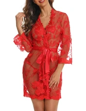 Women's Lace Kimono Robe Floral Babydoll Bridal Lingerie Mesh Nightgown Red M Women's Lace Kimono Robe Floral Babydoll Bridal Lingerie Mesh Nightgown Red M