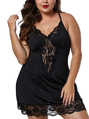 Women's Lace Lingerie Plus Size Sexy Babydoll Ice Silk Nightdress for Nightwear Valentine's Day Black UK Size 22-24
