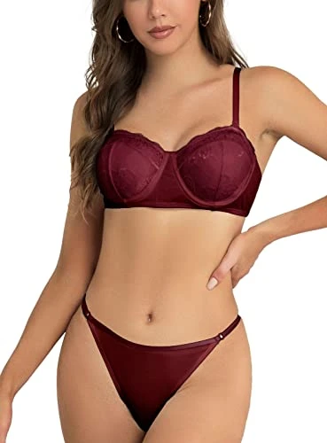 Women's Lace Lingerie Set Underwire Bra and Panty Sets Floral Bralette Matching Thong