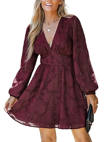 Women's Lace Mini Dress Long Sleeve Floral Print A Line Dress for Party Bodycon Dress Burgundy-Elastic Waist M