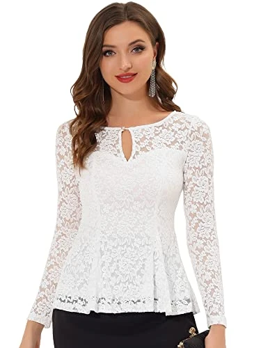 Women's Lace Peplum Tops Round Neck Long Sleeve Elegant Floral Lace Blouse White M-12