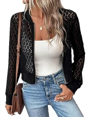 Women's Lace Sheer Long Sleeve Zip Up Casual Bomber Light Weight Jacket Coat Black L Women's Lace Sheer Long Sleeve Zip Up Casual Bomber Light Weight Jacket Coat Black L