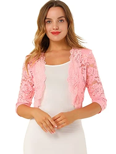 Women's Lace Sheer Shrug Elegant 3/4 Sleeve Bolero Floral Shrug Pinks 8