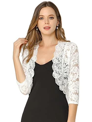 Women's Lace Sheer Shrug Elegant 3/4 Sleeve Bolero Floral Shrug White 16