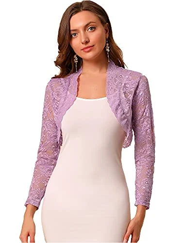 Women's Lace Shrug Elegant Long Sleeve Sheer Short Lace Bolero Shrugs Light Purple 8