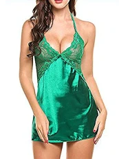 Womens Lace Sleep Dress Lingerie Sexy V Neck Ice Silk Nightdress Sleepwear Smooth Nightgown Pajamas Plus Size S Green