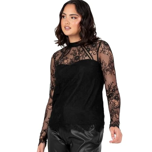 Women's Lace Top Ladies' Blouse High Neck Long Sleeve Sheer Scalloped Smart-Casual Office Wear Occas