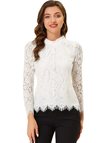 Women's Lace Top Long Sleeve Ruffle Neck Floral Blouse White M-12