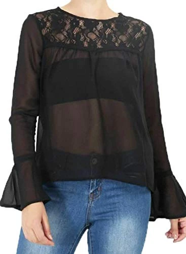 Womens Lace Top Long Sleeve Shirt Crew Neck Blouse Ladies Party Casual Black Small